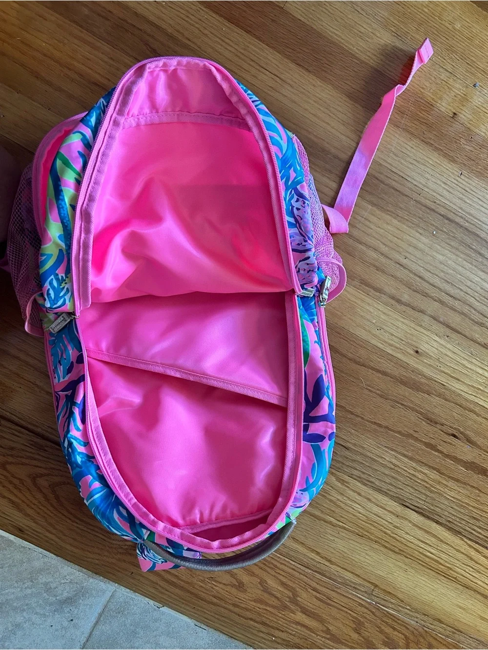 Lilly Pulitzer Pink Tropical Print Kids Backpack with Green & Blue Foliage